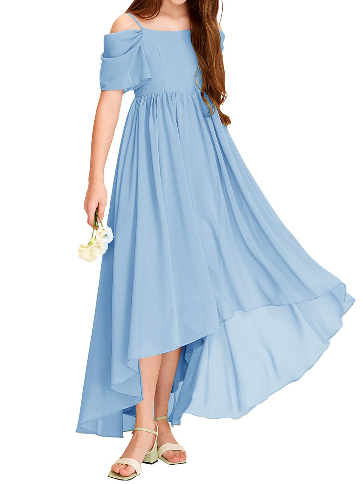 Haloumoning Abito da bambina con spalle scoperte, linea ad A, asimmetrico, in chiffon, per damigella d'onore, festa di compleanno