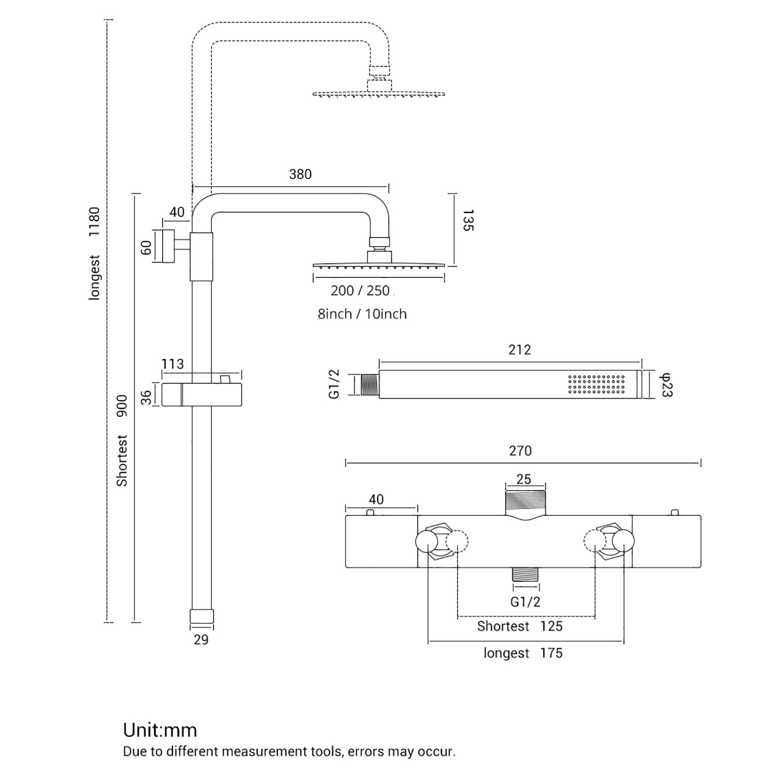 Czarny system natryskowy z deszczownicą, bateria termostatyczna natryskowa, zestaw natryskowy montowany na ścianie, mosiężny, dwuuchwytowy, prysznic z mieszaczem des,10 Inch