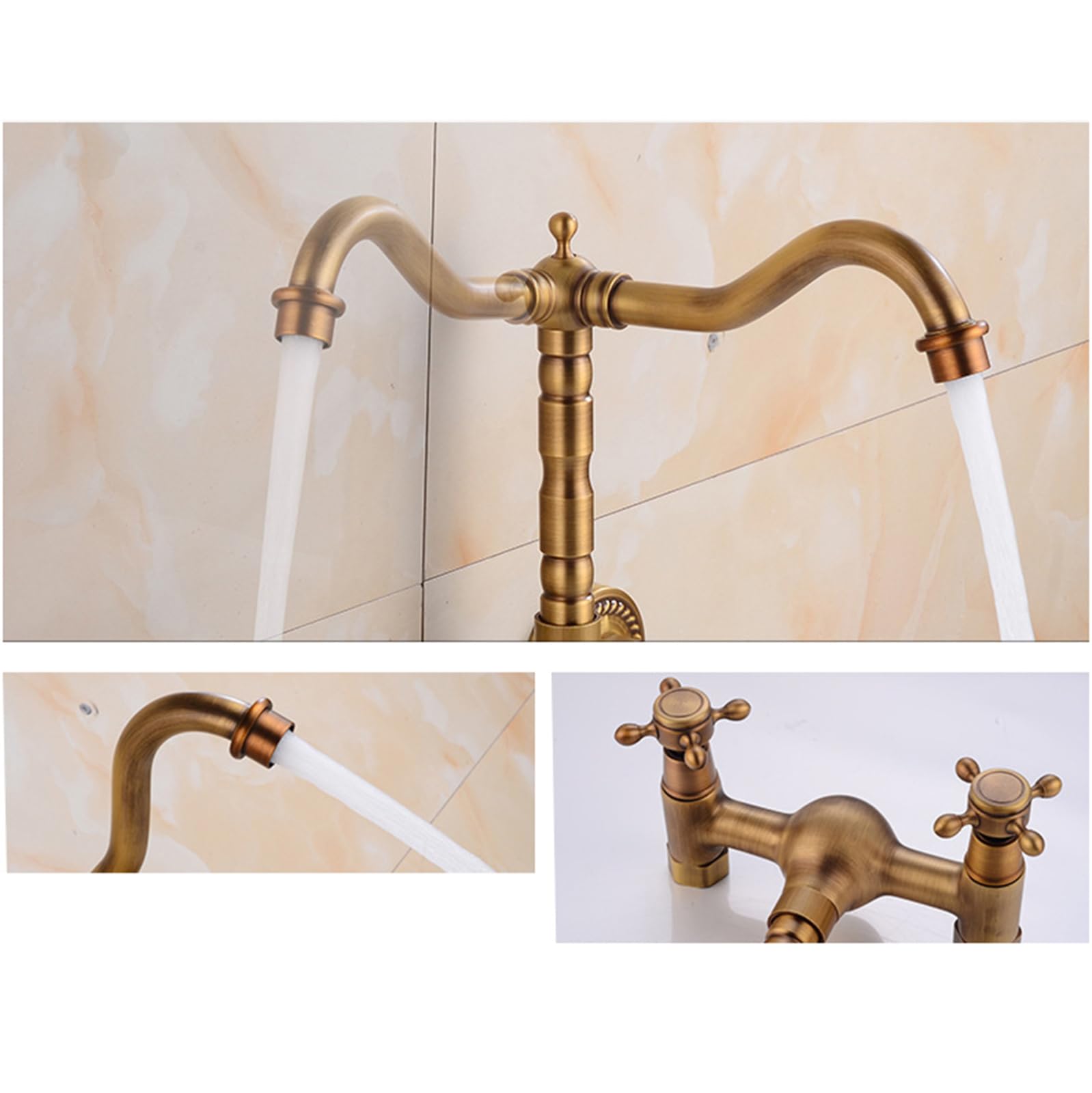 Wasserhahn Bad Mischbatterie Waschbecken Wandmontierte Waschtischarmatur antike Badezimmerarmatur viktorianische 2-Loch-Wandarmatur traditionelle Messing-Waschtischarmatur für Warm und Kaltwasser