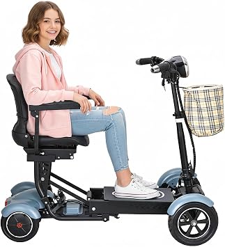 Dragon Mobile EX Lightweight Folding Mobility Scooter for Adults & Seniors, Faux Leather Seat & LED Lights, Travel-Friendly 300 lbs Heavy-Duty Mobility Aids - Matte Sky Blue