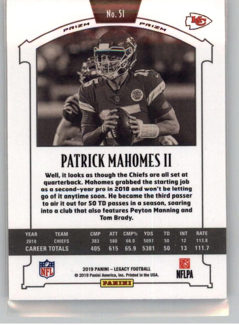 2019 Panini Legacy Premium Edition Silver Prizm #51 Patrick Mahomes II Kansas City Chiefs Official NFL Football Trading Card in Raw (NM or Better) Condition