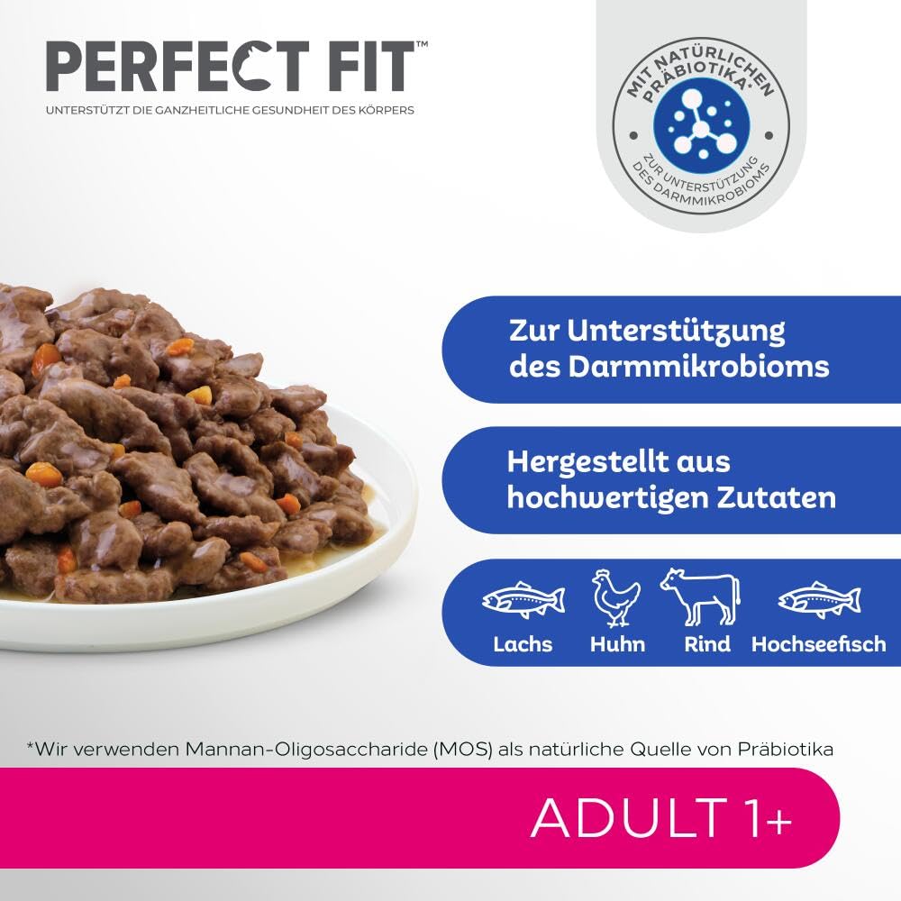 Perfect Fit Adult 1+ Katzennassfutter Auswahl mit Lachs, Hochseefisch, Rind und Huhn, 48 Portionsbeutel, 12x85g (4er Pack) – Premium Katzenfutter nass, für erwachsene Katzen ab 1 Jahr