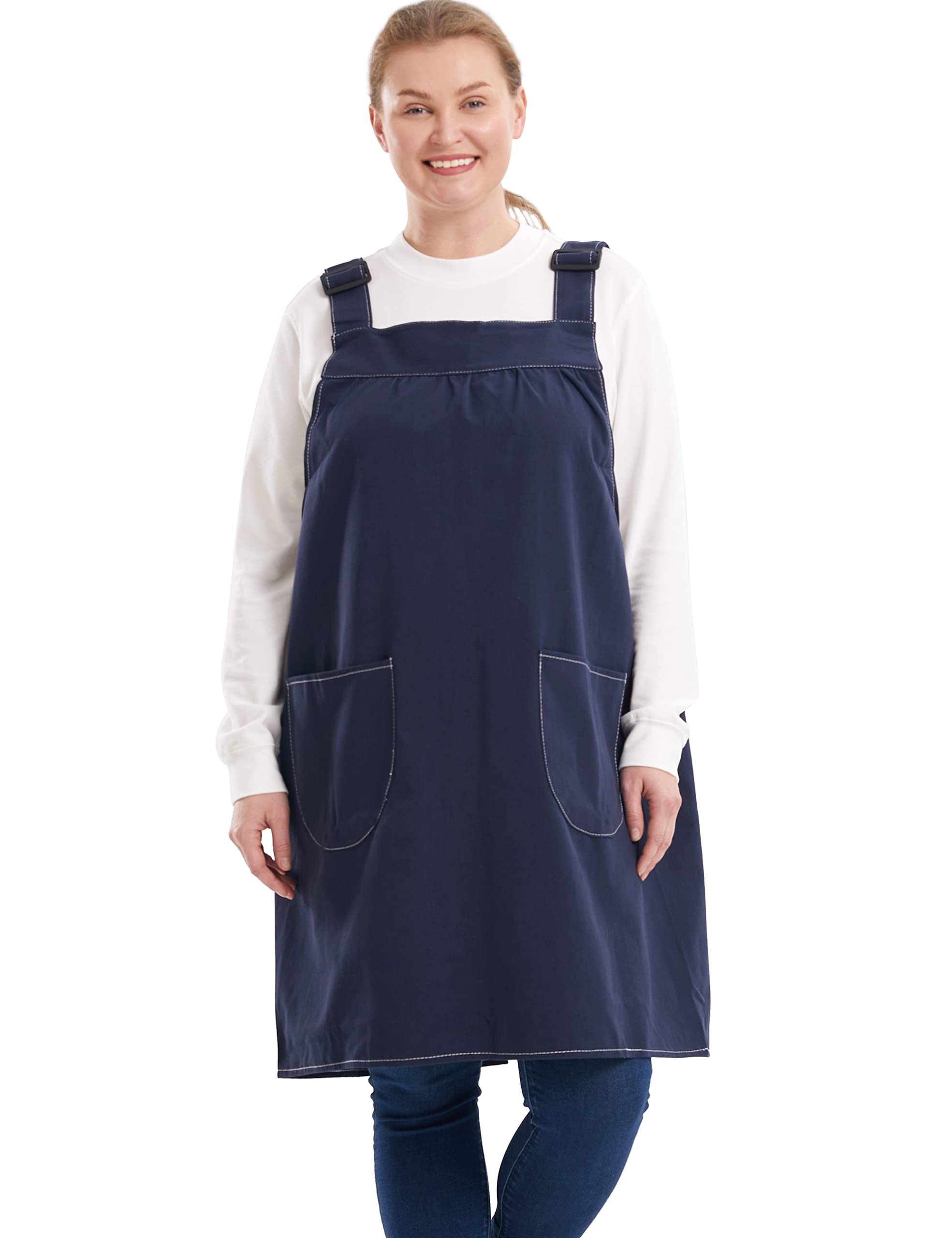 APRONNER No Ties Plus Size Aprons for Women with Pockets Cotton Linen Baking Kitchen Cooking, Navy Blue, XXXL