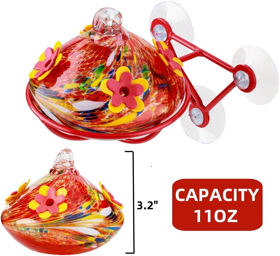 Window Hummingbird Feeder - Hand Blown Glass Mounted Hummingbird Feeder with Strong Suction Cups for Outdoor Window Mount (Red) - Image 7