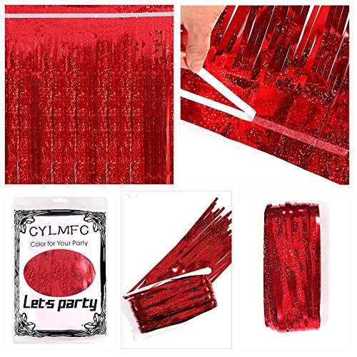 Image of CYLMFC Metallic Tinsel Curtains, 2 Pack 3x8ft Foil Fringe Backdrop for Birthday & Graduation Decorations, Red