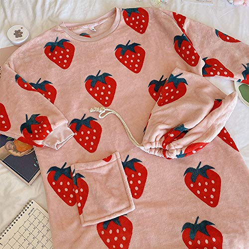 Ensemble Pyjama Femmes,Belle Chemise De Nuit En Flanelle Pour Les Femmes Hiver Impression Fraise En Vrac Loisirs Femmes Chemise De Nuit Vêtements De Nuit Envoyer Le Même Sac De Rangement Design De Cover