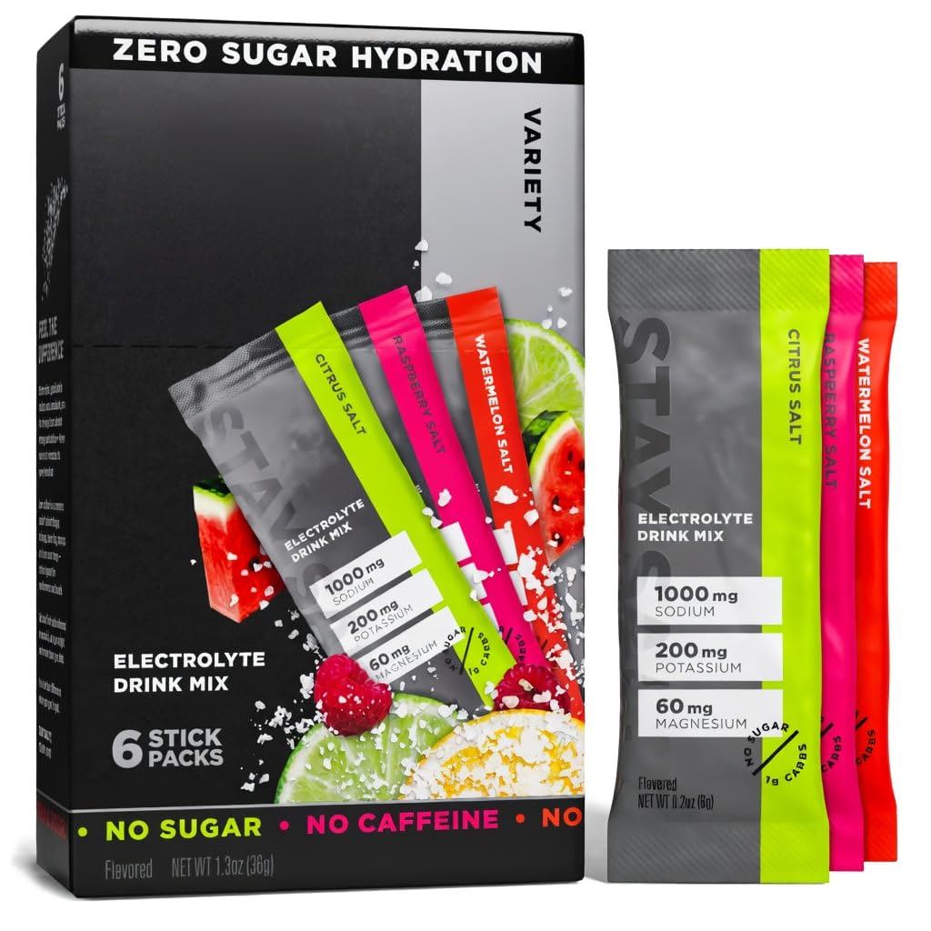 Zero Sugar Electrolyte Drink Mix Hydration Powder Packets - Variety Pack (Citrus, Raspberry, Watermelon), No Artificial Ingredients, Gluten Free - 6 Stick Packs