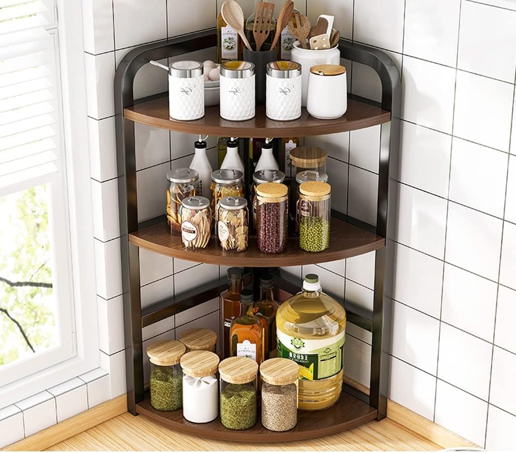 HEMOVIA Spice Rack Organizer, 3-Tier, Metal, Wooden Corner, 3-Tier
