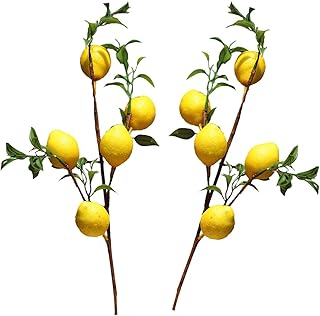 Firlar 2 PCS Artificial Lemon Branches, 20inch Yellow Fake Lemon Flower Branch, Artificial Floral Picks Faux Lemon Tree Stem Vivid Plant Fruit Bouquet for Farmhouse Table Kitchen Festival Party Decor