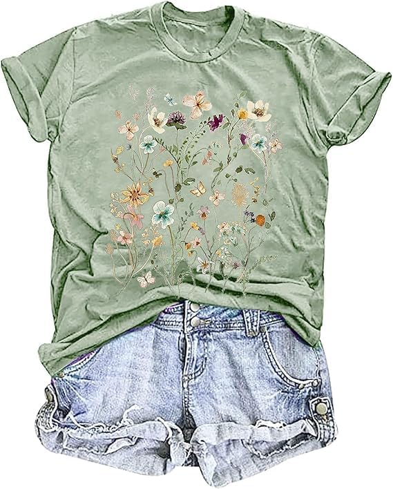Women's Vintage Flowers Tshirts Floral Graphic Tees Wildflowers Shirts Vacation Casual Short Sleeve Tops Loose Beach Tops - Image 2