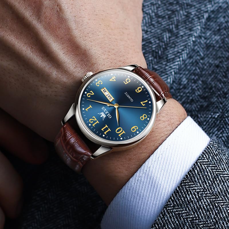 Image of OLEVS Men Watches Dress Waterproof Leather Band Classic Large Face Luxury Watches for Men Casual Fashioned Nice Analog Watch Men Day Date Easy Reader Quartz Original Business Adjustable Watches Men