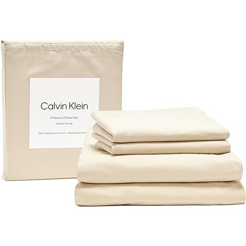 Calvin Klein - Full Bed Sheets, Relaxed Garment Washed Cotton Percale Bedding Set with Matching Pillowcases, Deep Pockets, Oeko-Tex Certified (Washed Percale Green)