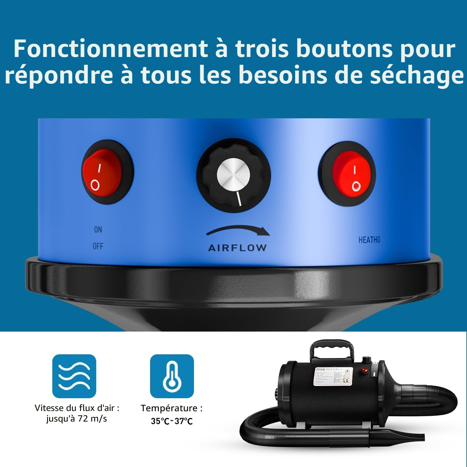 Pulseur pour Chien Blower - Très Silencieux - 4,5 CV / 3200 W - Moteur réglable - Souffleur de Soins pour Chien avec 4 Buses différentes - Tuyau élastique et Brosse d'entretien