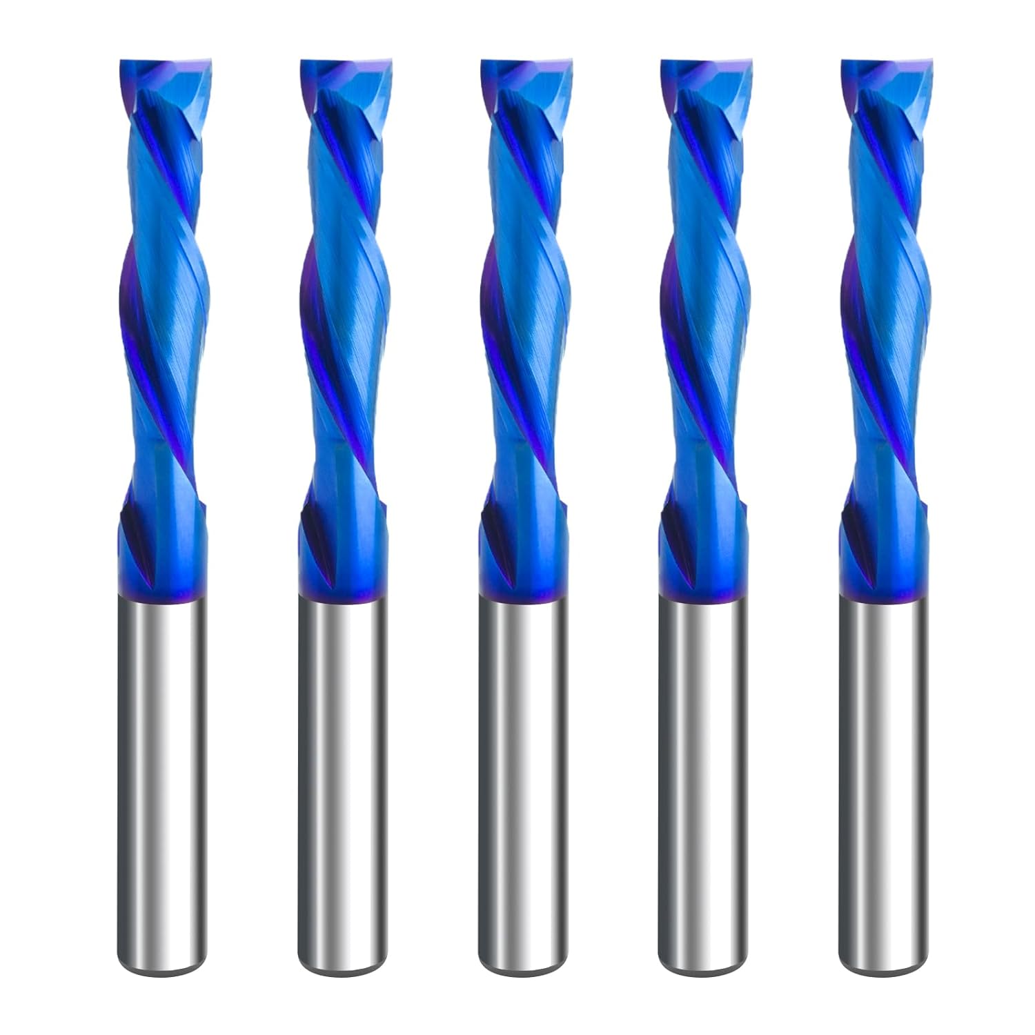 5PCS Solid Carbide Spiral Up-Down Cut Router Bit 1/4" Shank, 1/4" Cutting Diameter 2-1/2" OAL Compression End Mill with Nano Blue Coated CNC Woodworking Bit