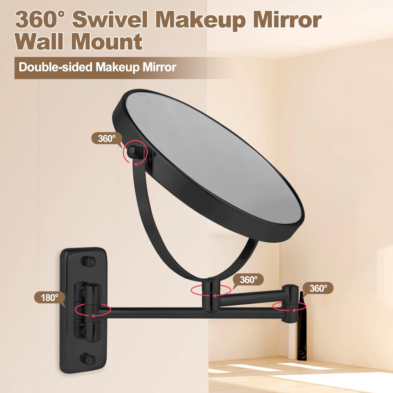 Espejo de maquillaje montado en la pared de 8 pulgadas con aumento de 10X, espejo de afeitado de doble cara para baño, espejo de tocador extensible giratorio de 360° con brazo ajustable para uso
