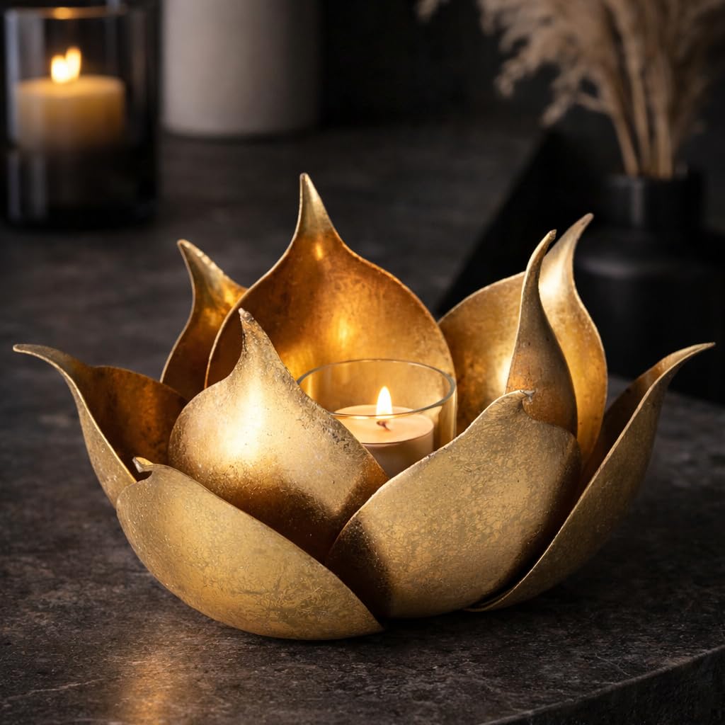 Lotus - Portavelas (metal dorado, 20 cm, hecho a mano)