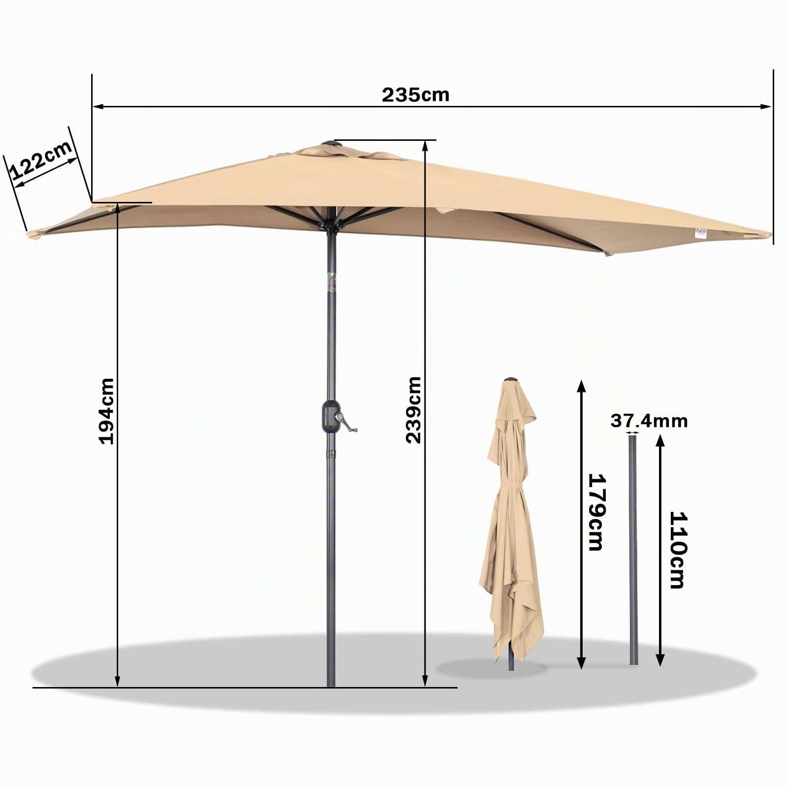 Angel Living Demi-Parasol Carré de Jardin, 2.5 x 1.3 m, Toile Anti-UV, Réglage de la Manivelle, Inclinable des Deux Côtés, pour Balcon, Terrasse, Extérieur