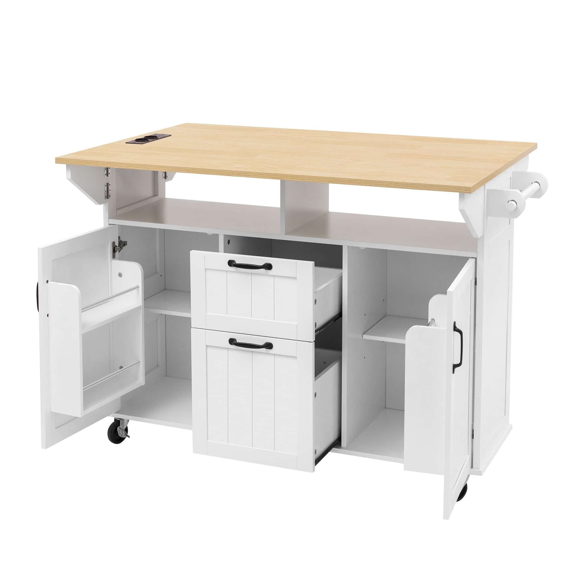 Isla de cocina con ruedas, mesa de comedor extensible, isla de cocina móvil con cajones y toallero, carrito de cocina móvil con regletas, ideal para cocina y comedor (blanco)