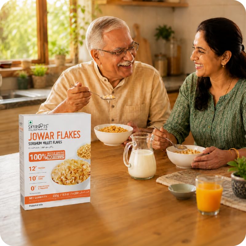 Image of SkyRoots Jowar & Bajra Flakes - High Protein & High Fiber Millet Cereal | Healthy Breakfast Cereal | Whole Grain Breakfast | Iron Rich Breakfast for Men, Women & Kids | 500g (250g Each)