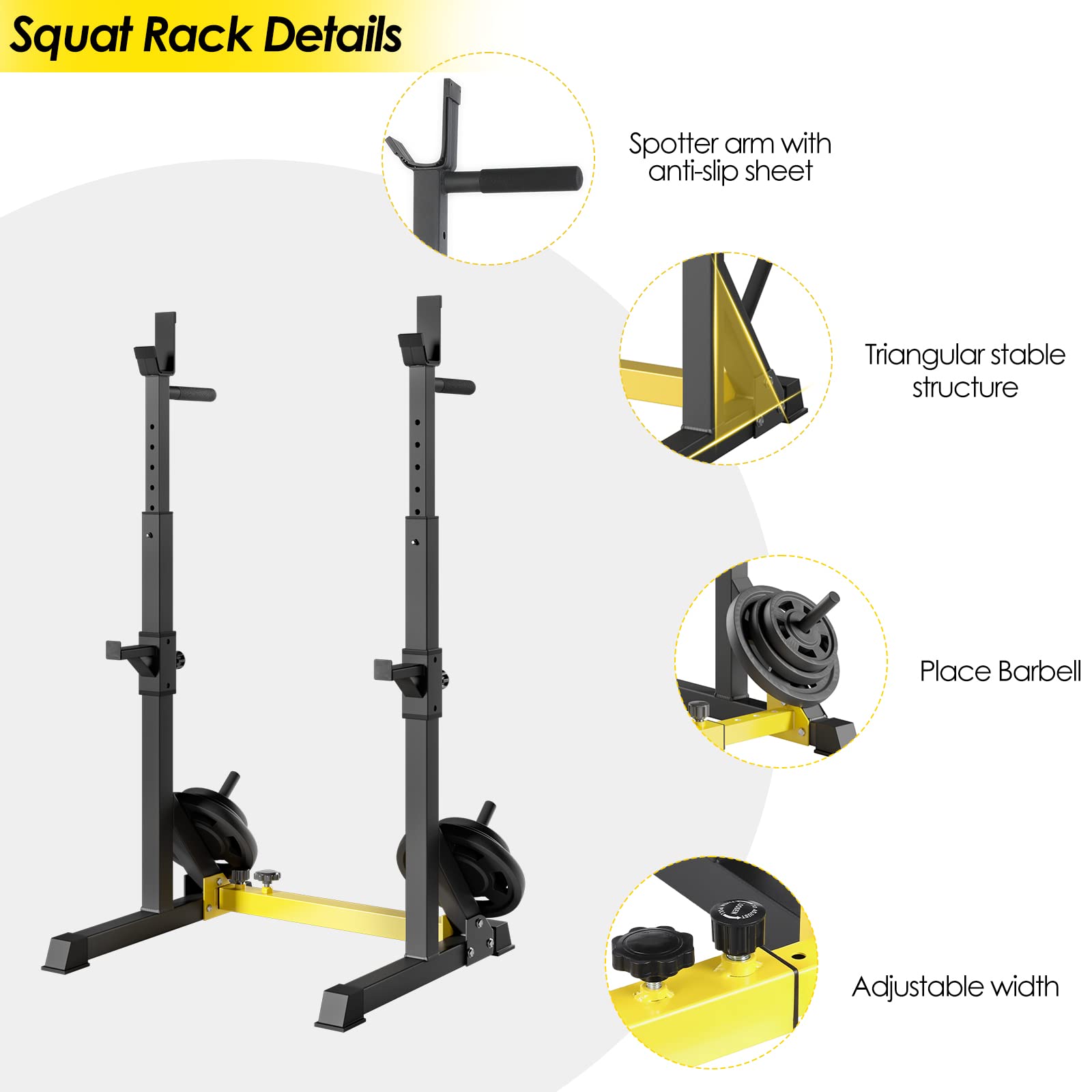 Soporte Sentadillas Rack Ajustable, Soporte Barra Pesas Estante de Barra con Pesas Ajustable para gimnasio casa, Máx 250kg