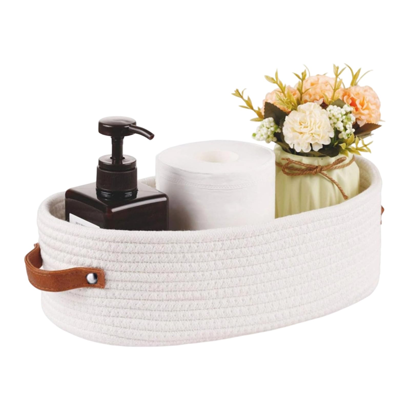MURYE Handwoven Oval Cotton Rope Organizers Basket with Comfortable Leather Handle for Blankets Books Natural Cotton Rope Storage Bin