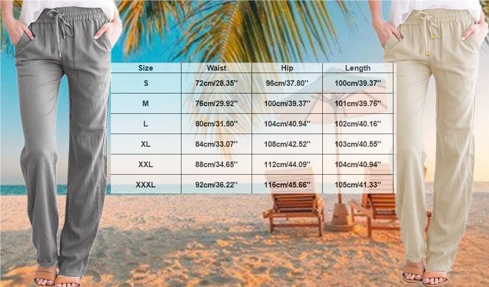 TIAFORD Women's Cotton Linen Straight Leg Pants Lightweight Casual Trousers Elastic Waist Lounge Pants with Pockets3