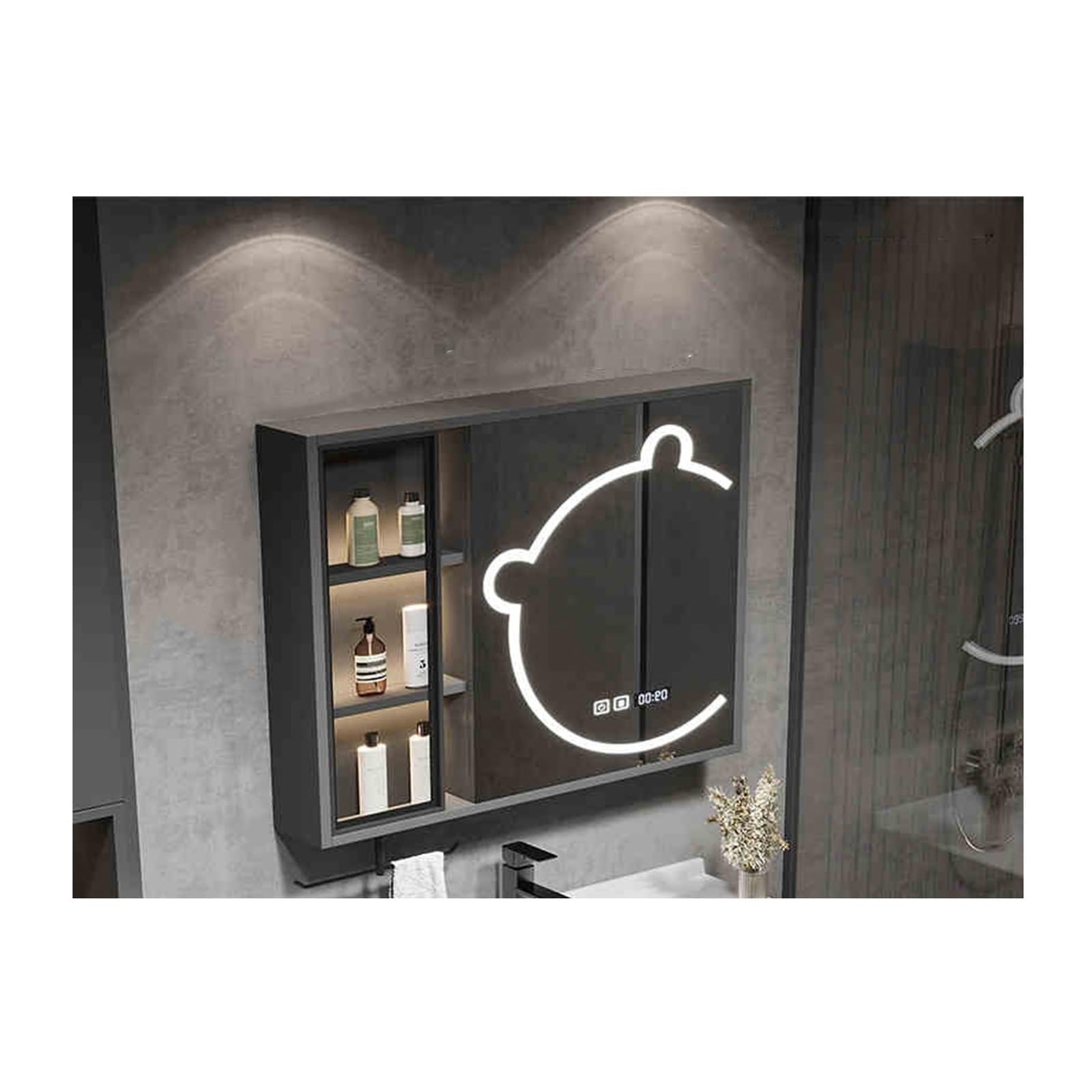 FLYIODFCXV bathroom mirror cabinet, With Mirror Door，High-Definition, One-Click Defog(Black,80cm/31.5in)