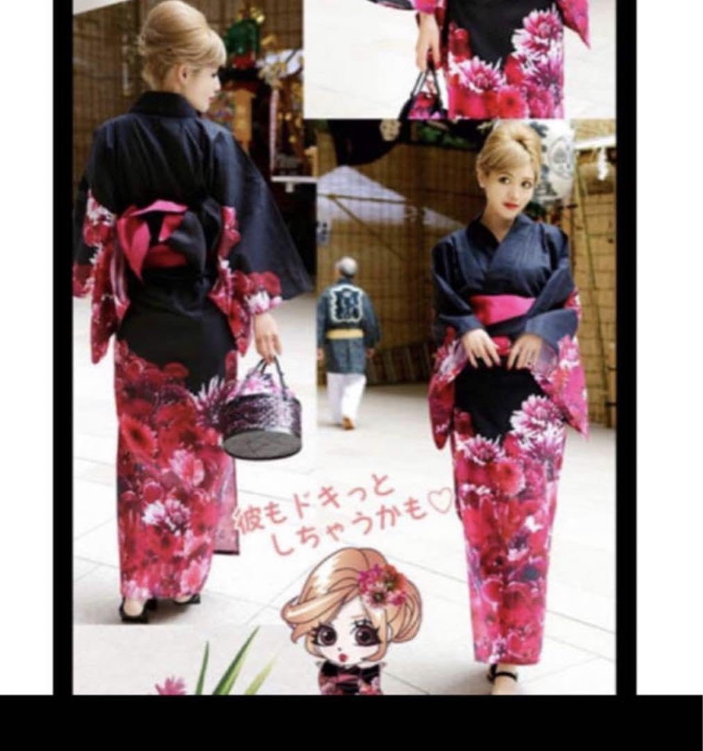 Amazon.co.jp: rady リゾフラ浴衣+帯セット 黒×ピンク