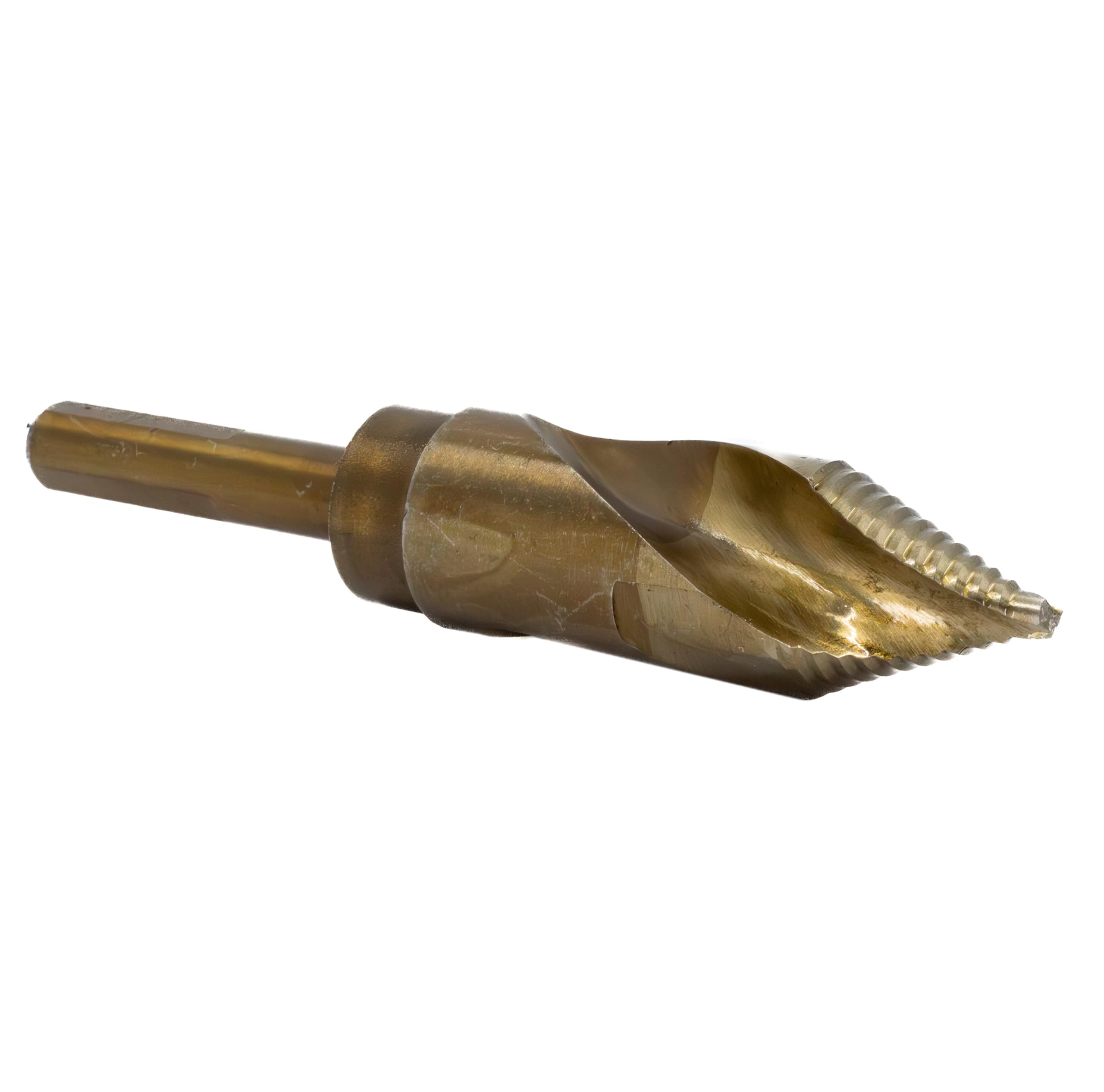 Drill America Broca escalonada de cobalto de 1 pulgada con vástago plano reducido de 1/2 pulgada, acabado de óxido de oro para taladrar acrílico, acero, metales duros, serie GSC