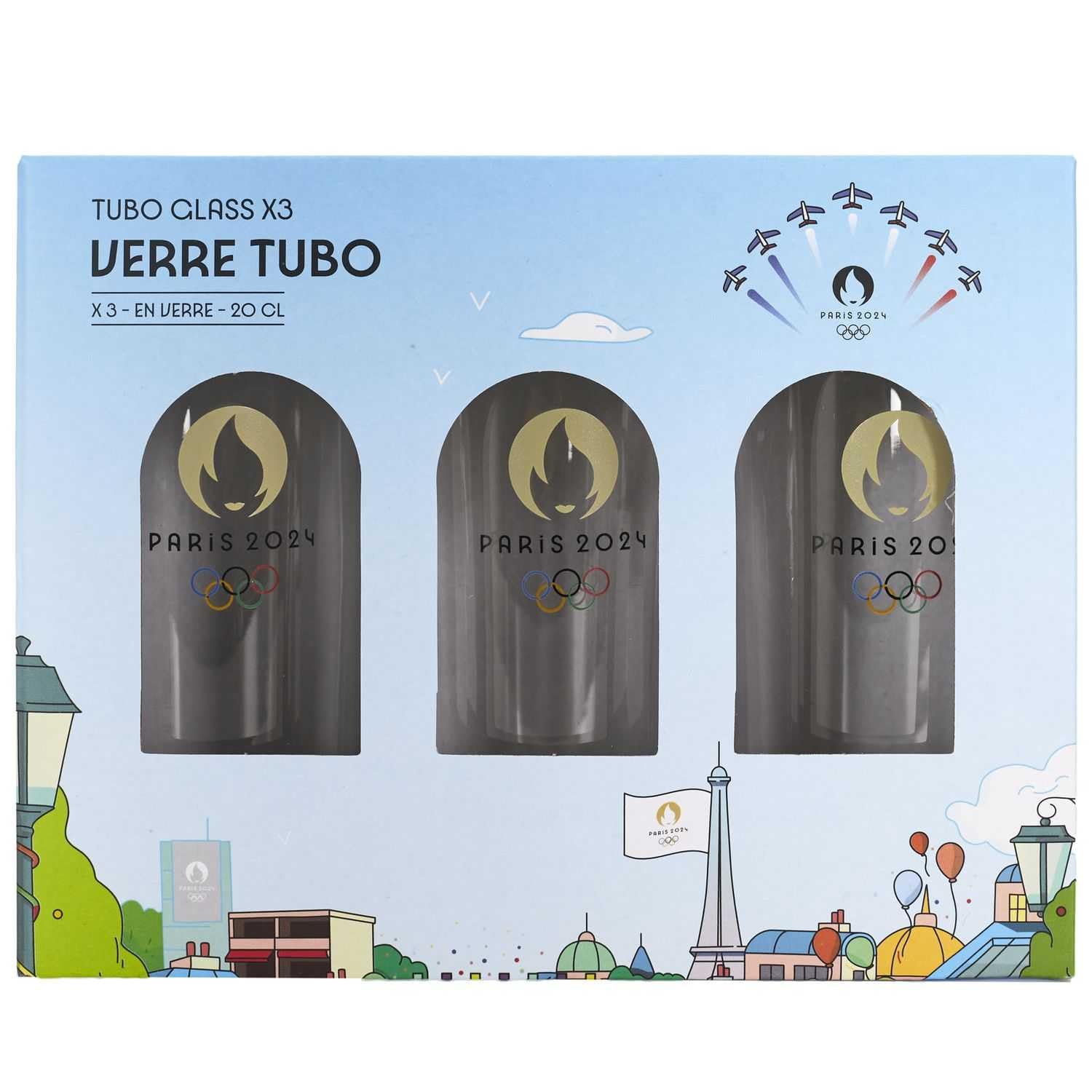 PARIS 2024, CJO4400, zestaw 3 szklanek tubowych 20 cl, oficjalny produkt, nowoczesny design, idealny do domu, restauracji, na imprezy, można myć w zmywarce