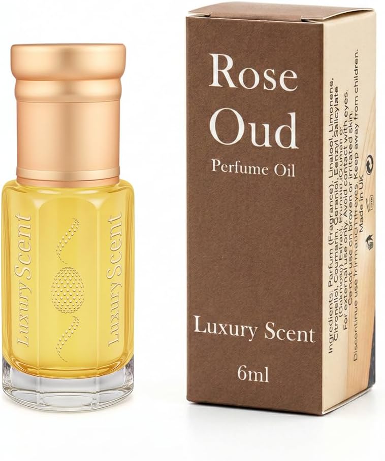 Perfume Oil Rose Oud 6ml Roll-On Attar – Long Lasting Alcohol-Free Arabian Fragrance with Woody, Rosy & Leathery Notes, Unisex Travel Size Essential Oil for Men & Women