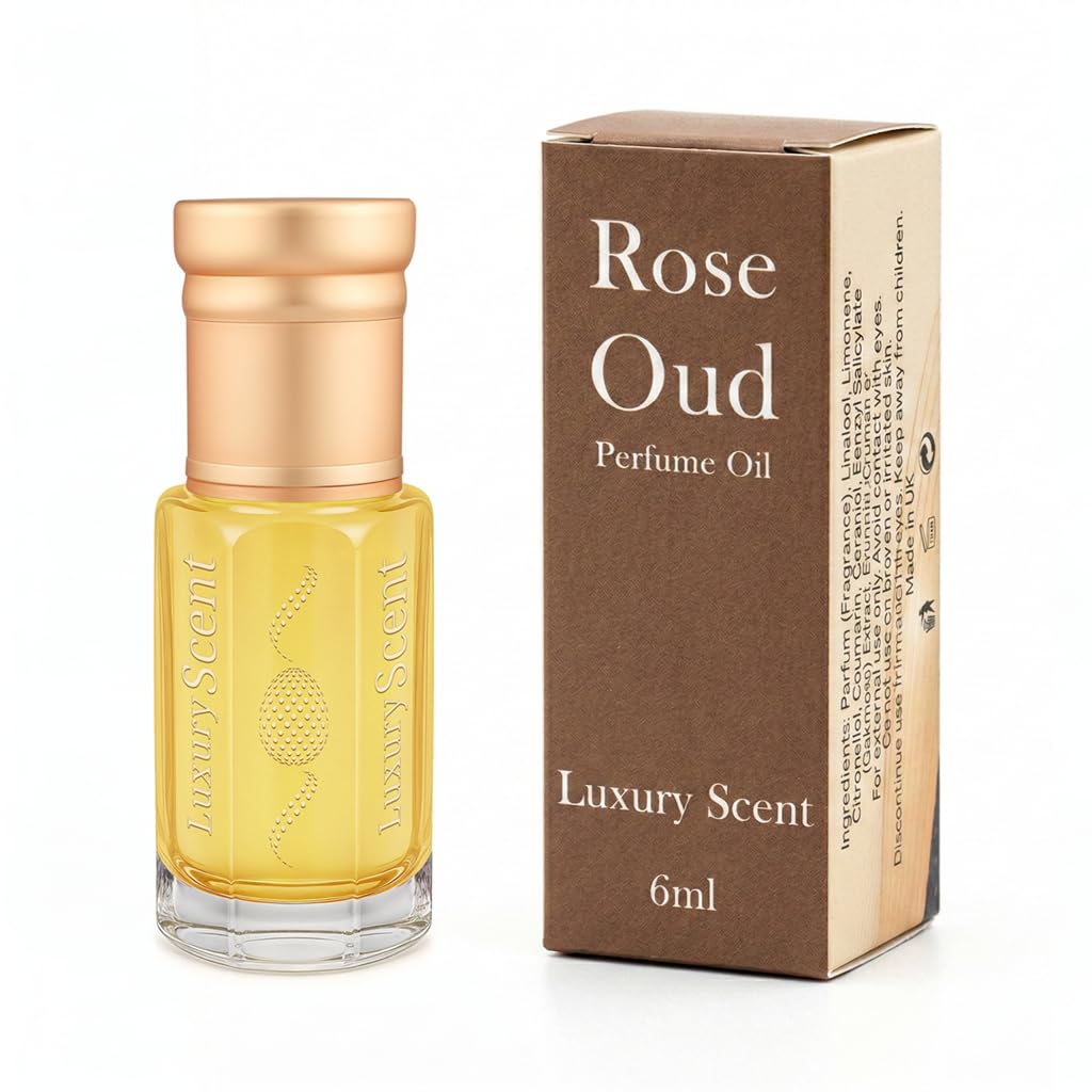 Perfume Oil Rose Oud 6ml Roll-On Attar – Long Lasting Alcohol-Free Arabian Fragrance with Woody, Rosy & Leathery Notes, Unisex Travel Size Essential Oil for Men & Women
