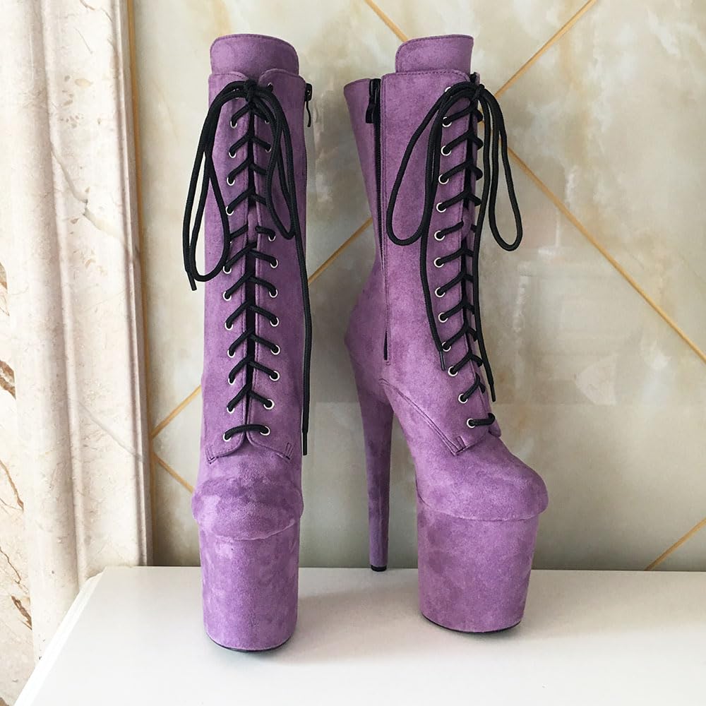 denova's Damskie buty na wysokim obcasie sznurowane duży rozmiar platforma striptizerka taniec na rurze buty do połowy łydki z zamkiem błyskawicznym, Fioletowy zamsz, 35.5 EU