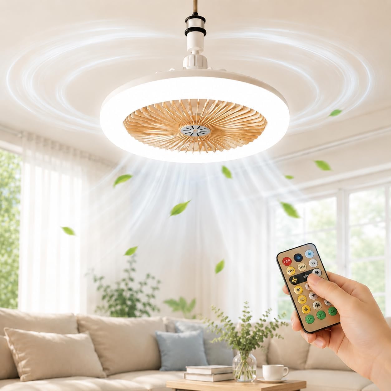 Ceiling Fans with Lights and Remote, LED Ceiling Fan Light E27 Socket, Fan Light 3 Color 3 Speed Fan Lights for Bedroom Kitchen Garage Bathroom, Yellow