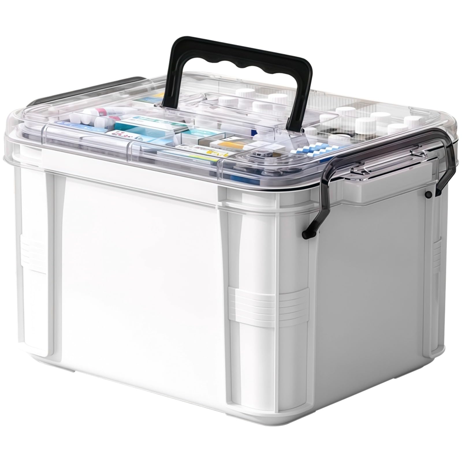 Grande organizer per la casa, bianco con coperchio trasparente e manico nero, scomparti divisi per 4-5 persone famiglia, 38,51 x 27,79 x 22 cm, contenitore in materiale PP per oggetti essenziali per