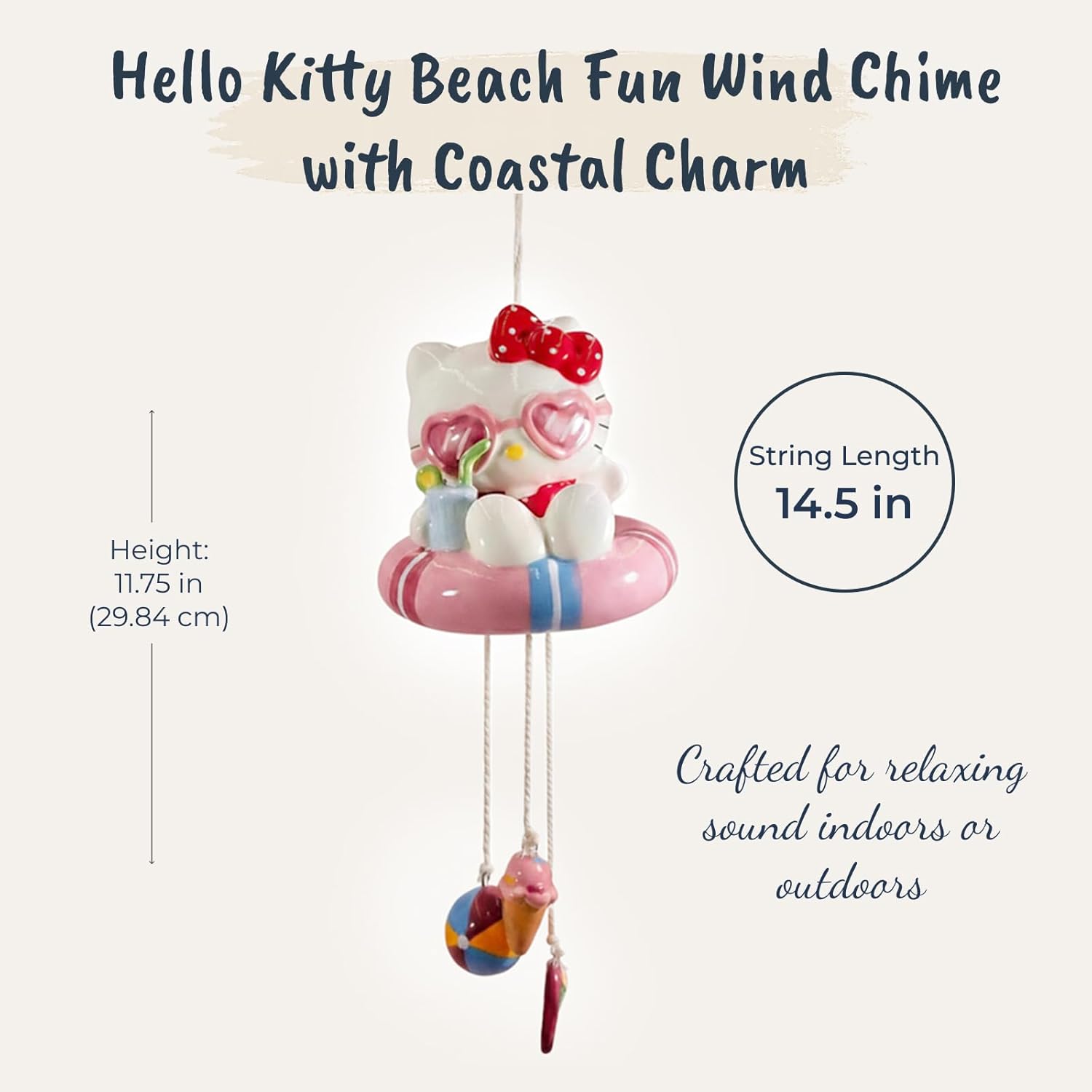 Hello Kitty Beach Fun Wind Chime, 7" L x 4.25" W x 11.75" H Created by Blue Sky Clayworks