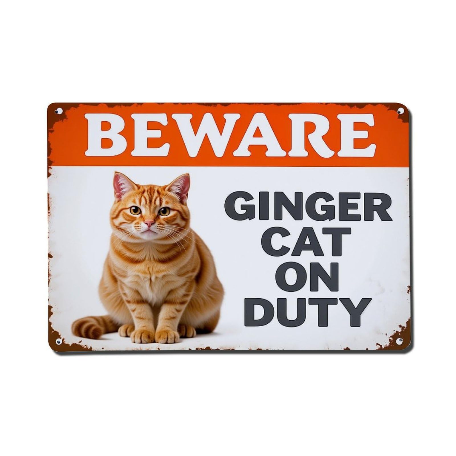 Beware Ginger Cat On Duty_3 Metal Tin Sign Plaque