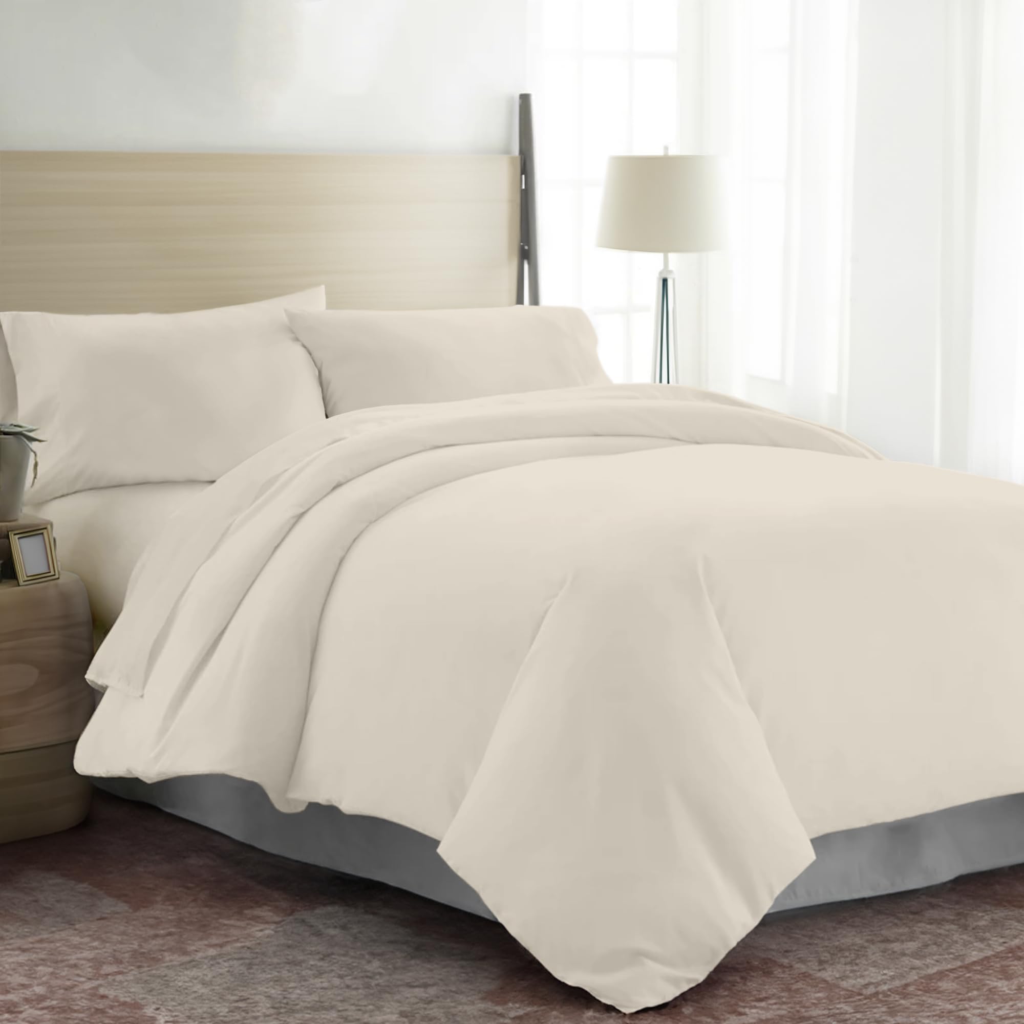 Ekoscious Ivory 100% Tencel Lyocell Eucalyptus Sateen Solid, Double Size Duvet Cover Set, With 2 Pillowcase, - 300 Thread Count Breathable, Cool & Soft