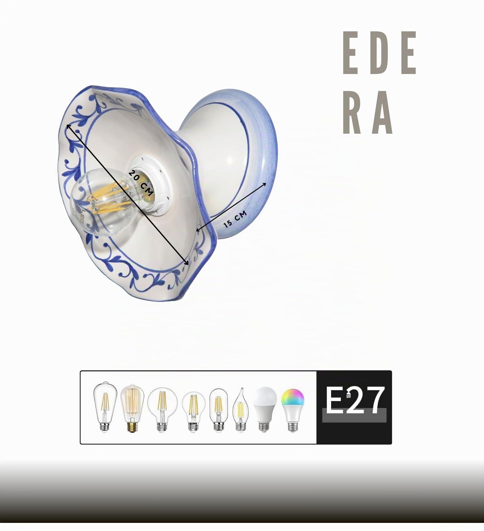 VANNI LAMPADARI - Applique da Parete Interno Edera - Lampada da Parete Monoblocco in Ceramica- Applique da Interno Decorata a Mano - Applique Camera da Letto - Bagno - Cucina – Soggiorno, Blu