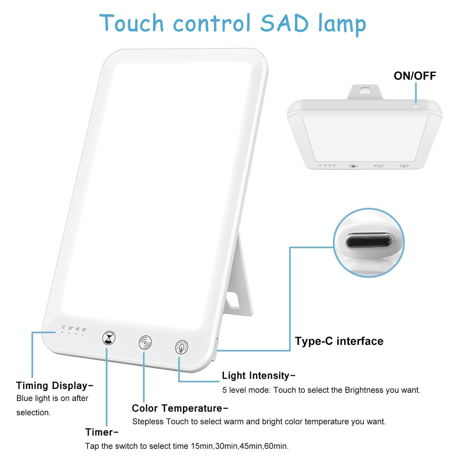 SAD Light 10000 Lux Przenośna lampa terapeutyczna Naturalne światło słoneczne Symulator światła dziennego z regulowaną temperaturą barwową i jasnością w leczeniu sezonowych zaburzeń afektywnych