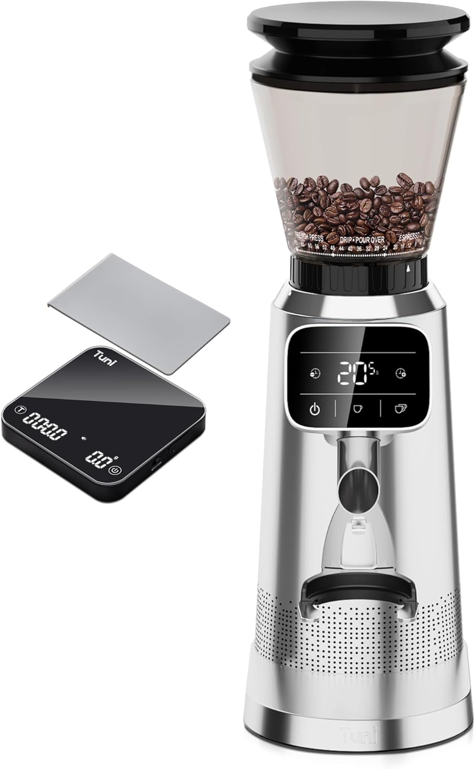 Tuni G2 Sliver Conical Burr Coffee Grinder with Black Digital Coffee Scale