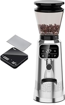 Tuni G2 Sliver Conical Burr Coffee Grinder with Black Digital Coffee Scale