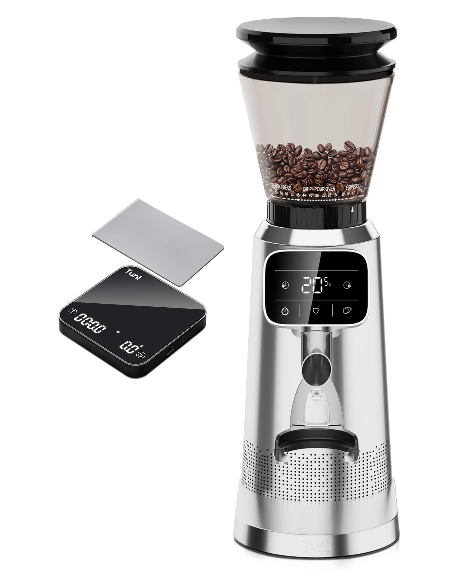 Tuni G2 Silver Conical Burr Coffee Grinder with Black Digital Coffee Scale | 70 Grind Settings, LED Touchscreen, Patented Anti-Static 40mm Conical Burr, 450 RPM, 500mAh Lithium Battery, 0.1g Accuracy