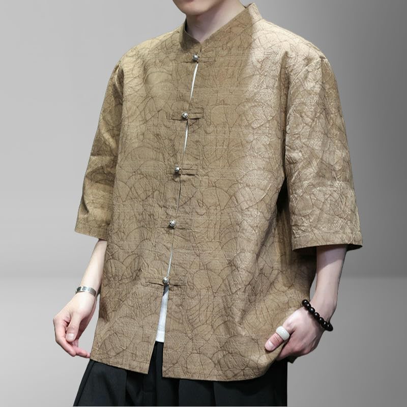 Camisa estilo chino de lino algodón para hombre ropa tradicional vintage holgada manga corta 2