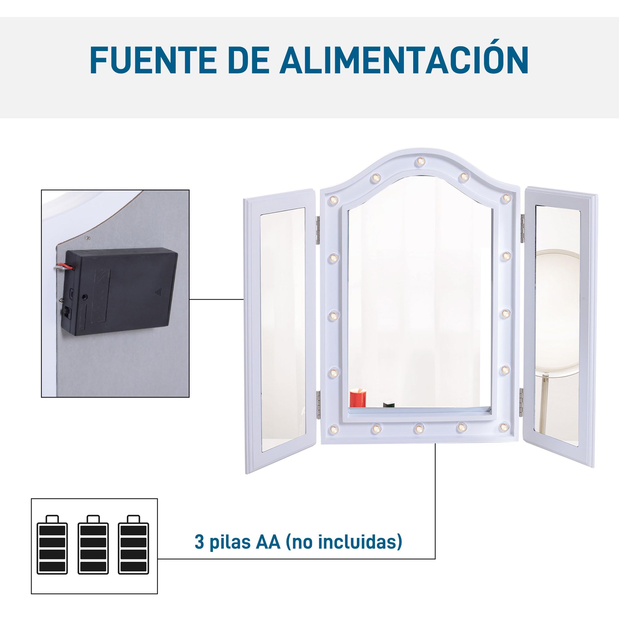 HOMCOM Espejo de Maquillaje con Luz LED Plegable Triple 73x53.5x4.5cm