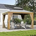 Domi 10' X 14' Hardtop Gazebo Outdoor Metal Gazebo Canopy with Galvanized Steel Double Roof, Wood Grain Aluminum Frame, Curtains and Netting for Patio, Deck, Garden