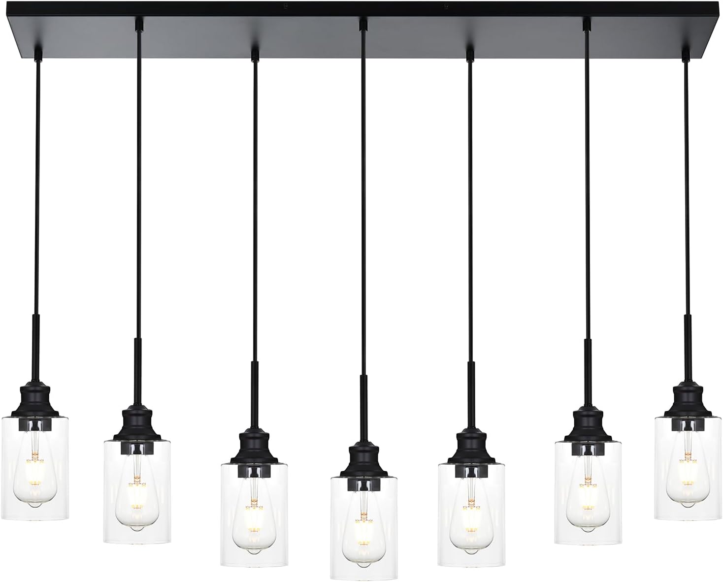 7-Light Farmhouse Black Pendant Light Fixtures Kitchen Island Pendant Light Ceiling Hanging with Clear Glass Shades, Modern Industrial Linear Chandelier Pendant Light Cluster for Dining Room Black 7-Light