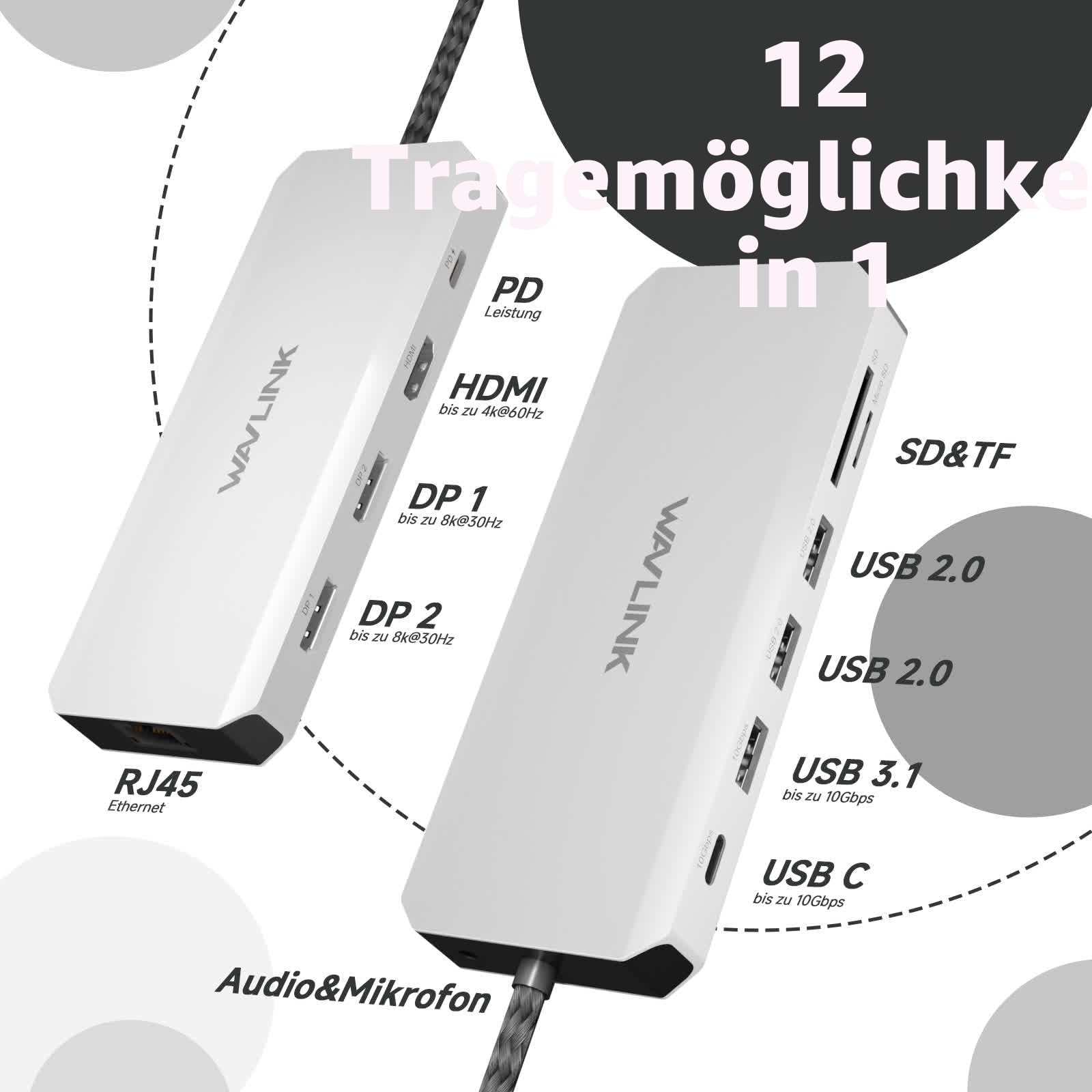 WAVLINK Laptop Docking Station, Displayport Docking Station mit Dual DP, HDMI, 100W PD IN, 10Gbps USB A/C, 2,5G Ethernet Port für Dell/HP/Lenovo usw., nur für Windows Systerm Computer