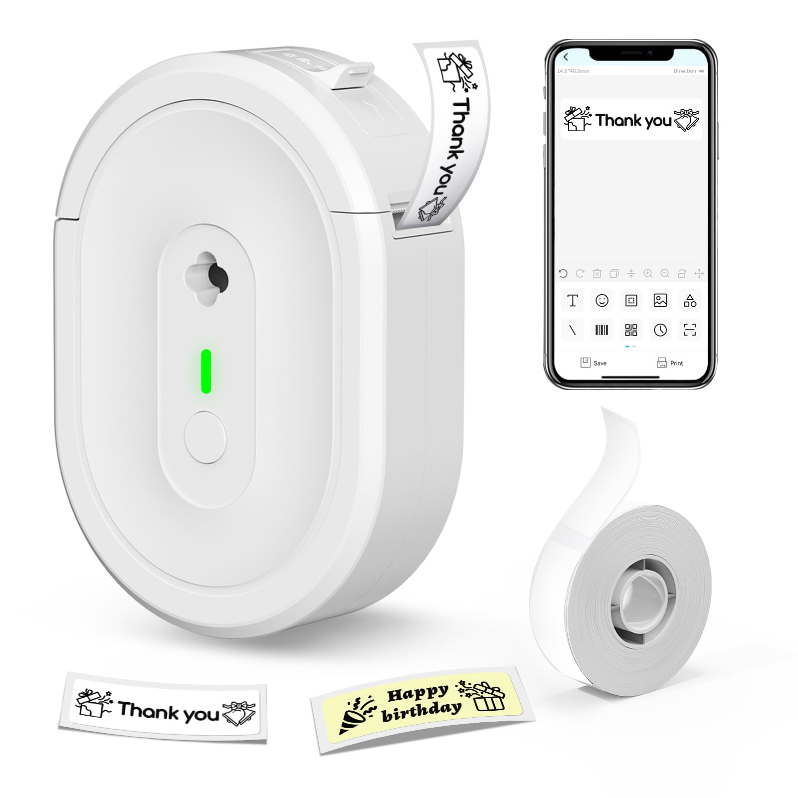NADAIIN Label Maker Machine with Tape, N12 Portable Bluetooth Label Printer, Inkless Mini Handheld Sticker Maker, Multiple Templates for Home School Office Kitchen Organization, White
