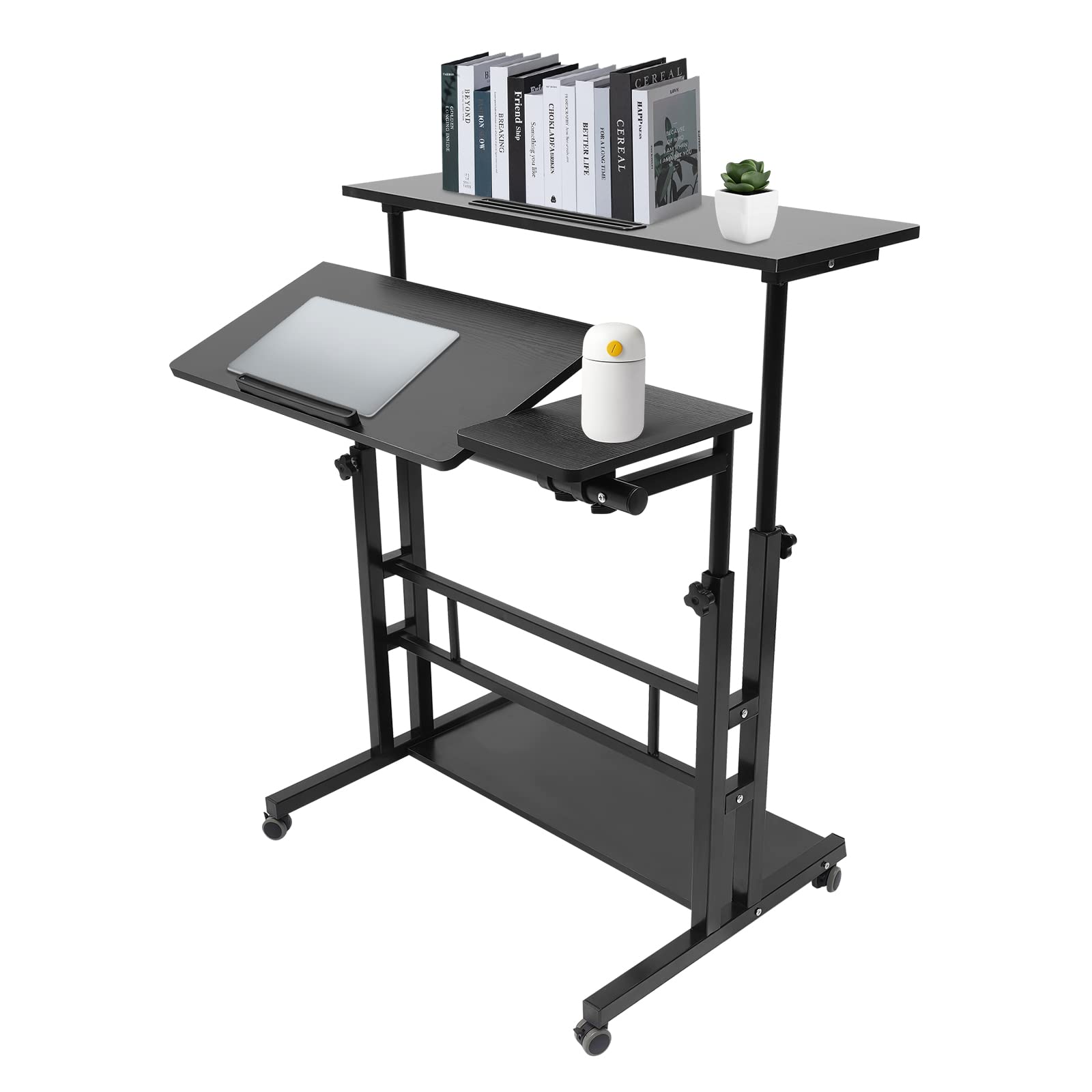 4 in 1 Mobile Stand Up Desk Height Adjustable Laptop Desk with 4 Wheels Tilting Tabletop Rolling Table